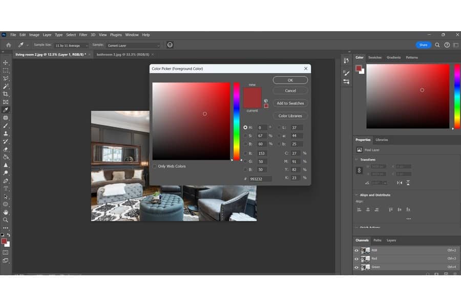 Photoshop 编辑器显示颜色选择器弹出窗口，其中颜色为红色，背景为客厅照片