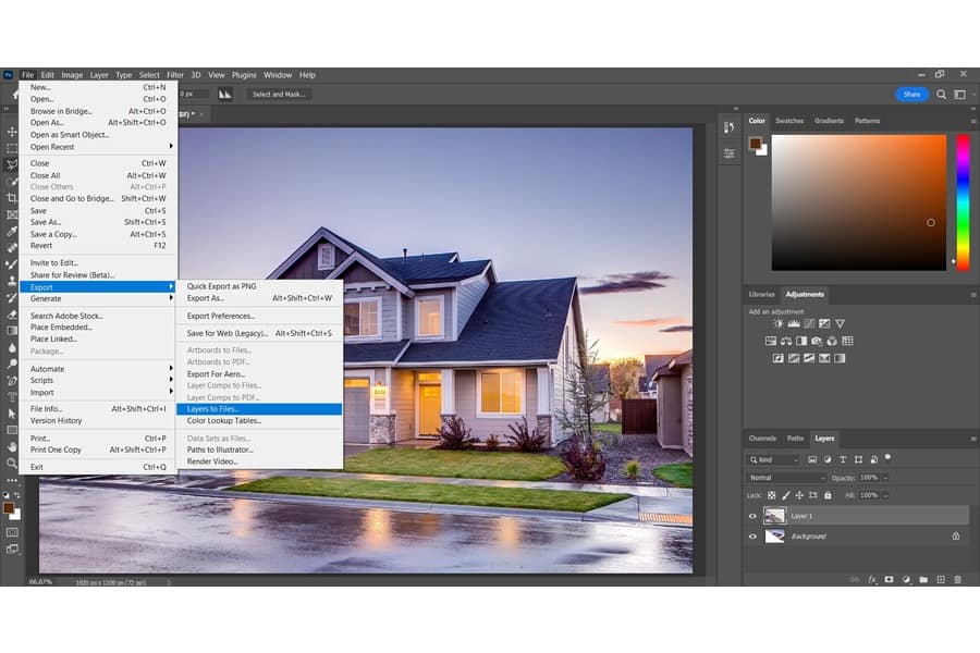 Escolhendo as configurações de exportação e formato de arquivo ao editar uma imagem de uma casa de dois andares