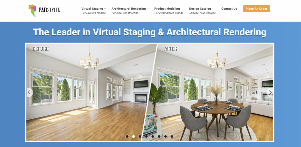 PadStyler-homepage toont een voor- en na-look van een woonkamer met een houten ronde tafel en grijze stoelen bij een witte muur