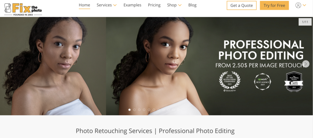 FixThePhoto-homepage met een vrouw met krullend haar die een witte tube top en gouden oorringen op een grijze achtergrond draagt