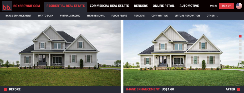 BoxBrownie homepage toont een voor en na afbeelding van een wit huis met een grijs dak met een uitgestrekte voortuin met groen gras