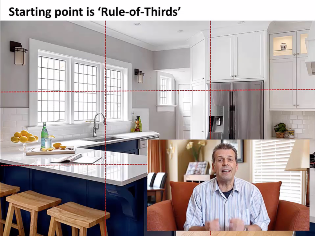 Tangkapan skrin kursus Tony Colangelo semasa dia membincangkan "peraturan pertiga" untuk gubahan foto